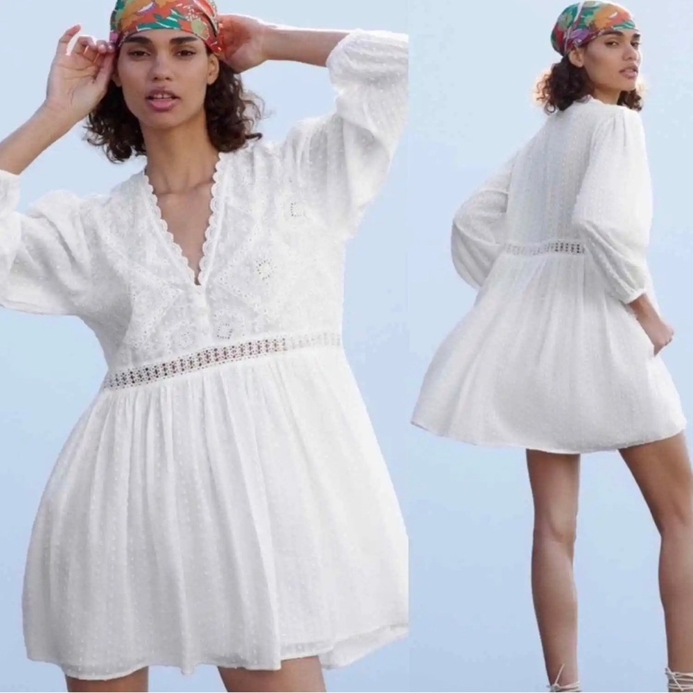 Zara white cotton boho baby doll embroidered dress size medium
